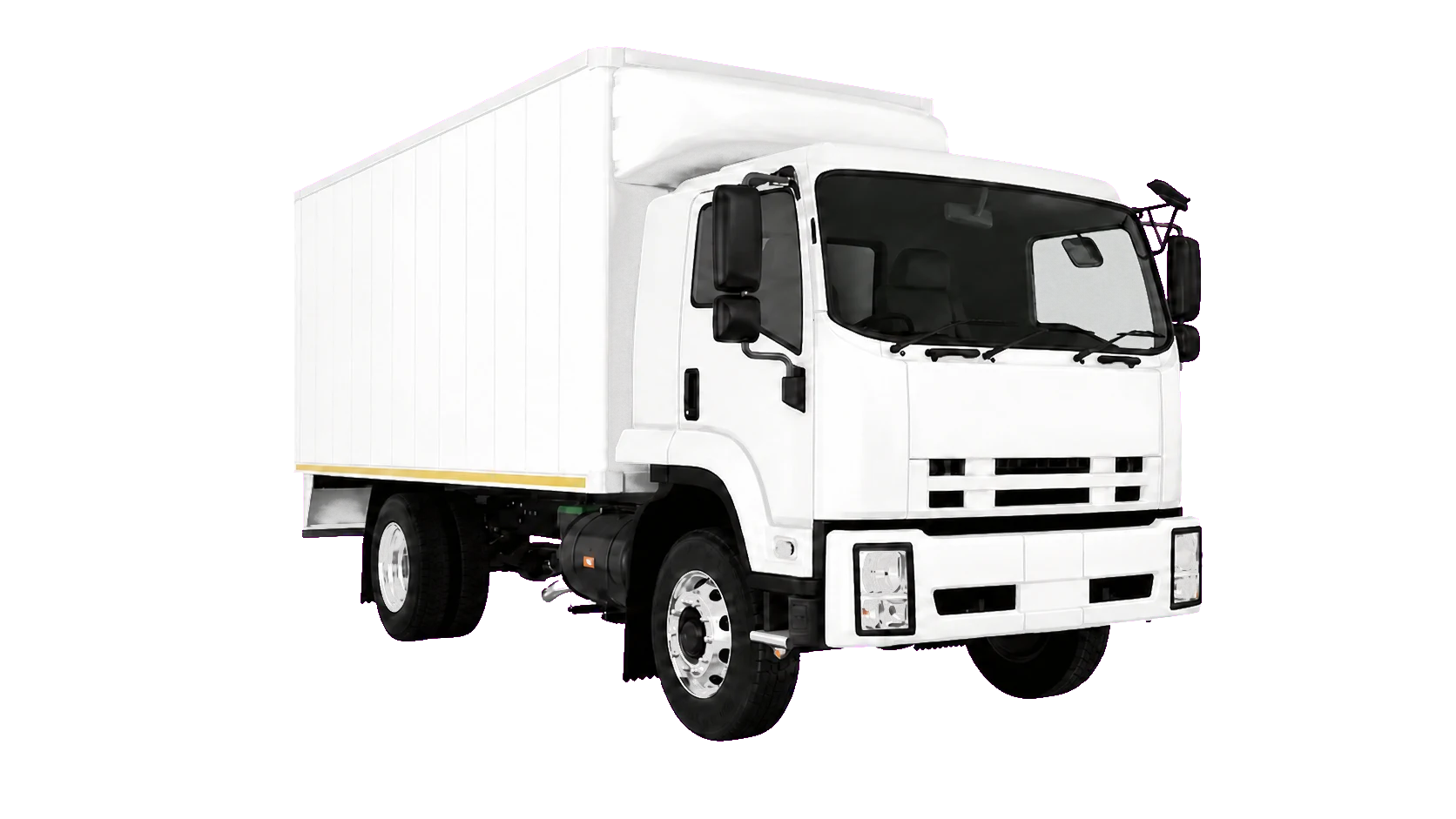White 8-ton enclosed truck shown from a front three-quarter angle